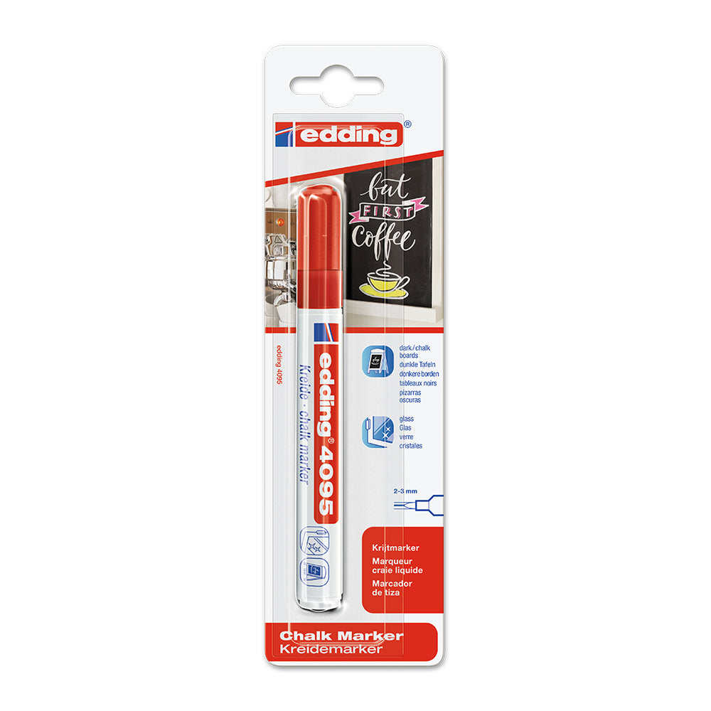 Marker Edding 4095 cu creta lichida, varf 2-3 mm, rosu, blister Marker Edding 4095 cu creta lichida, varf 2-3 mm, rosu, blister